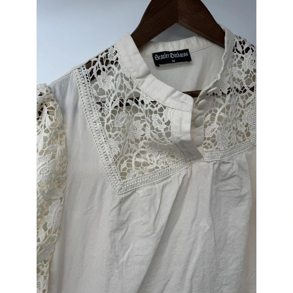 Scarlett‎ Darkness M open knit crochet Blouse Smocked Peasant Poet cottage fairy